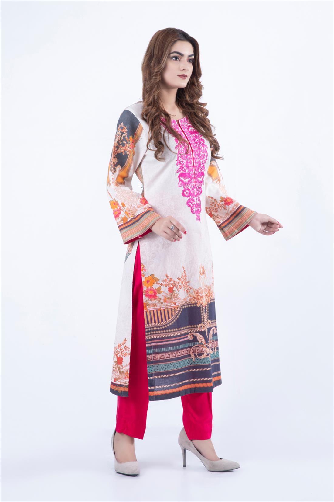 Skin & Pink Embroidered Chiffon Skin/Pink Viscose 3 Piece Readymade Salwar Kameez