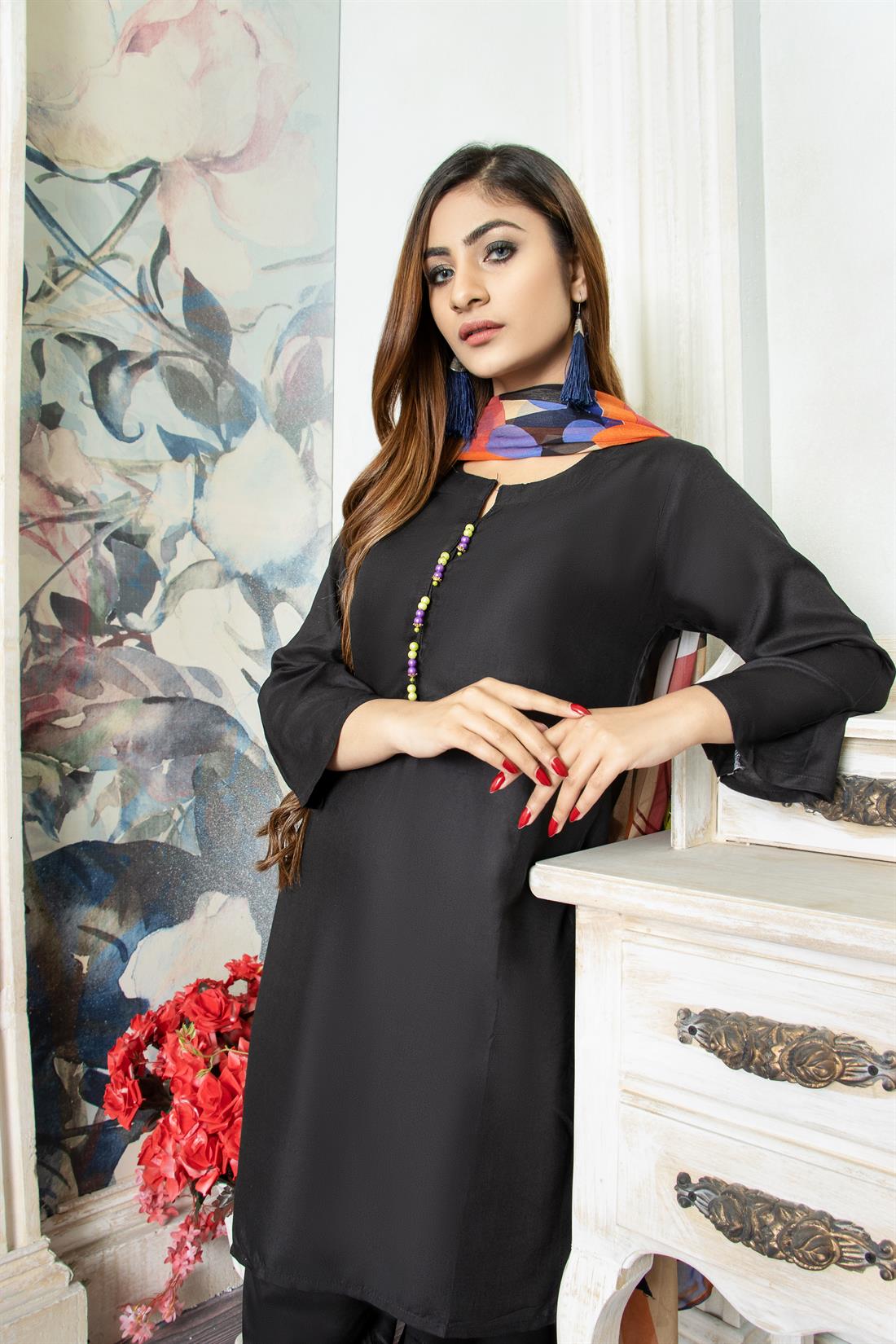 Black Digital Print Chiffon Ladies Readymade