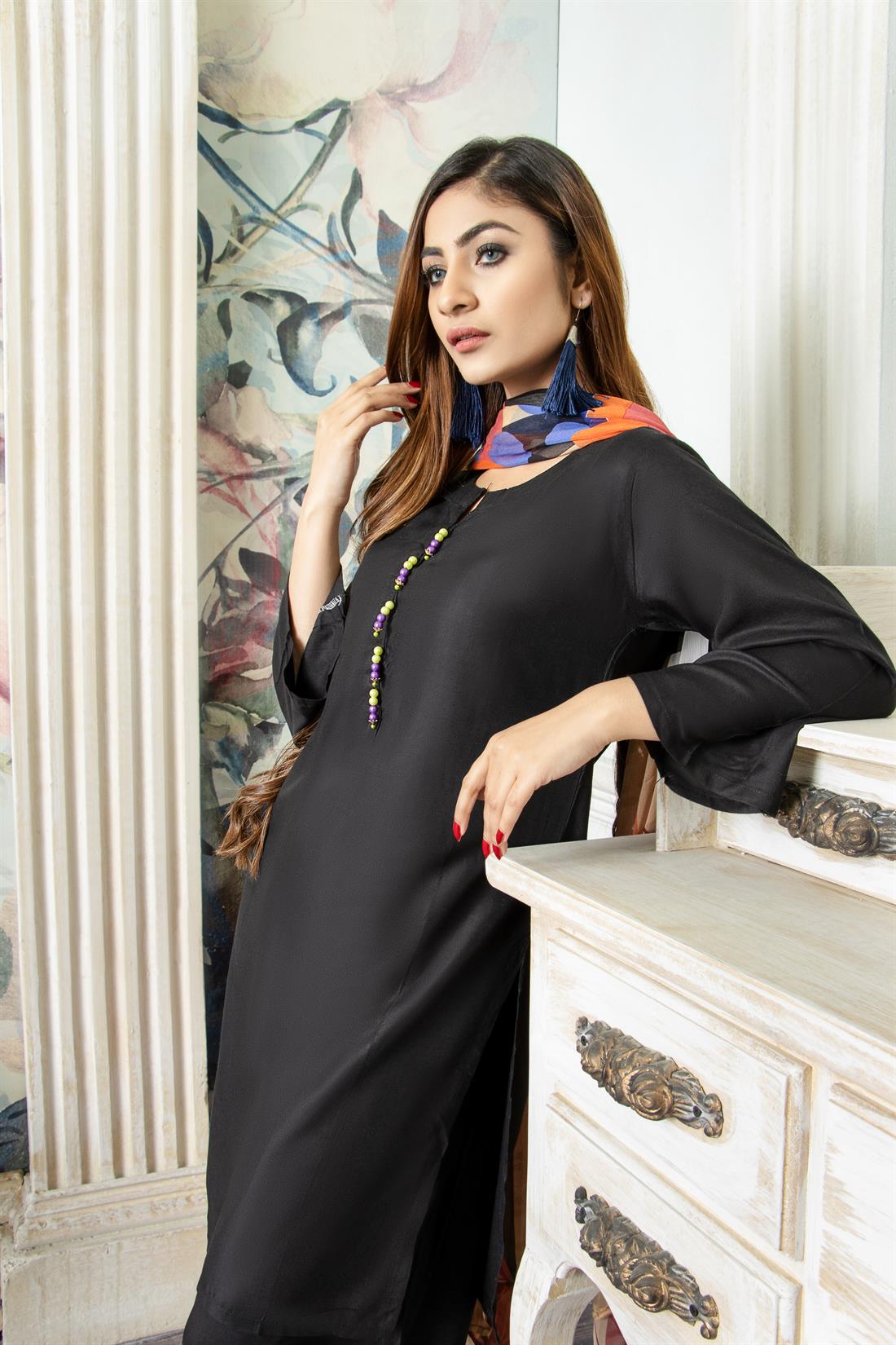 Black Digital Print Chiffon Ladies Readymade