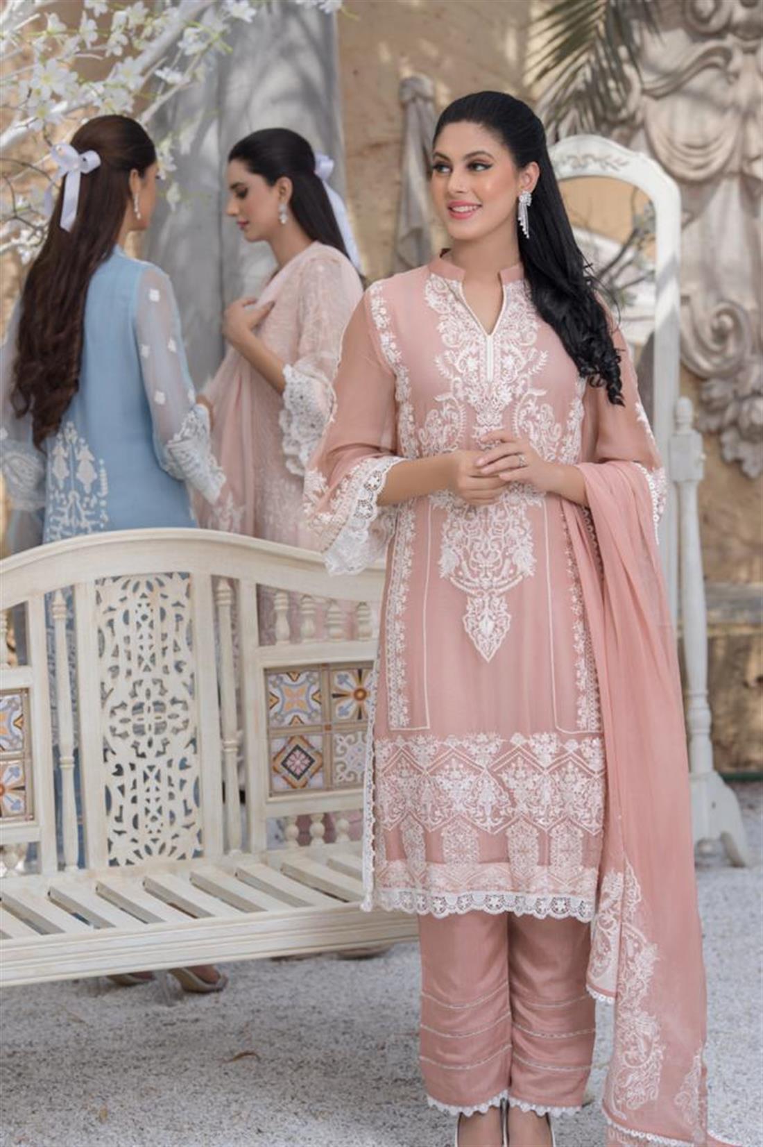 Tea Pink Embroidered Chiffon Salwar Kameez & Dupatta