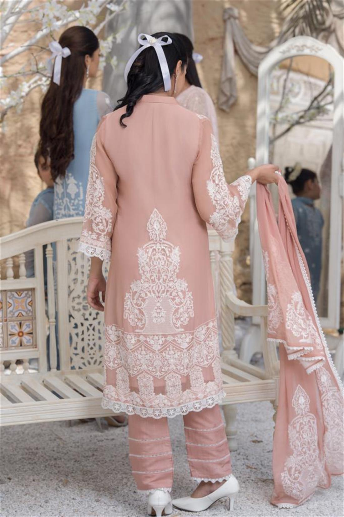 Tea Pink Embroidered Chiffon Salwar Kameez & Dupatta