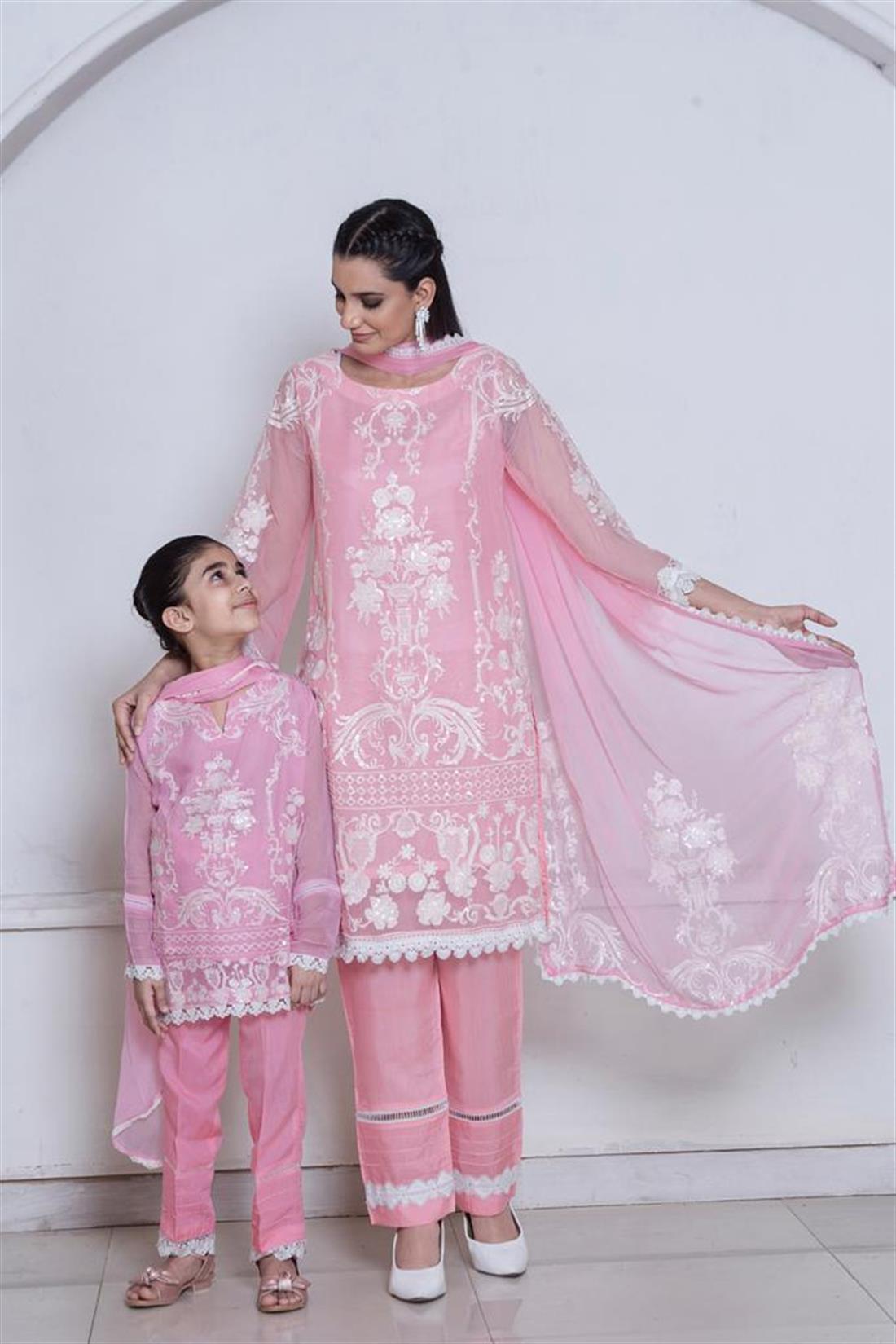 Pink Embroidered Chiffon Ladies Readymade