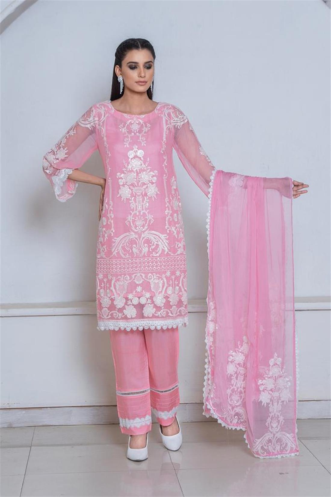 Pink Embroidered Chiffon Ladies Readymade
