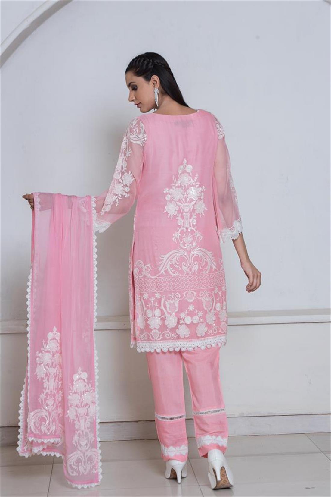 Pink Embroidered Chiffon Ladies Readymade