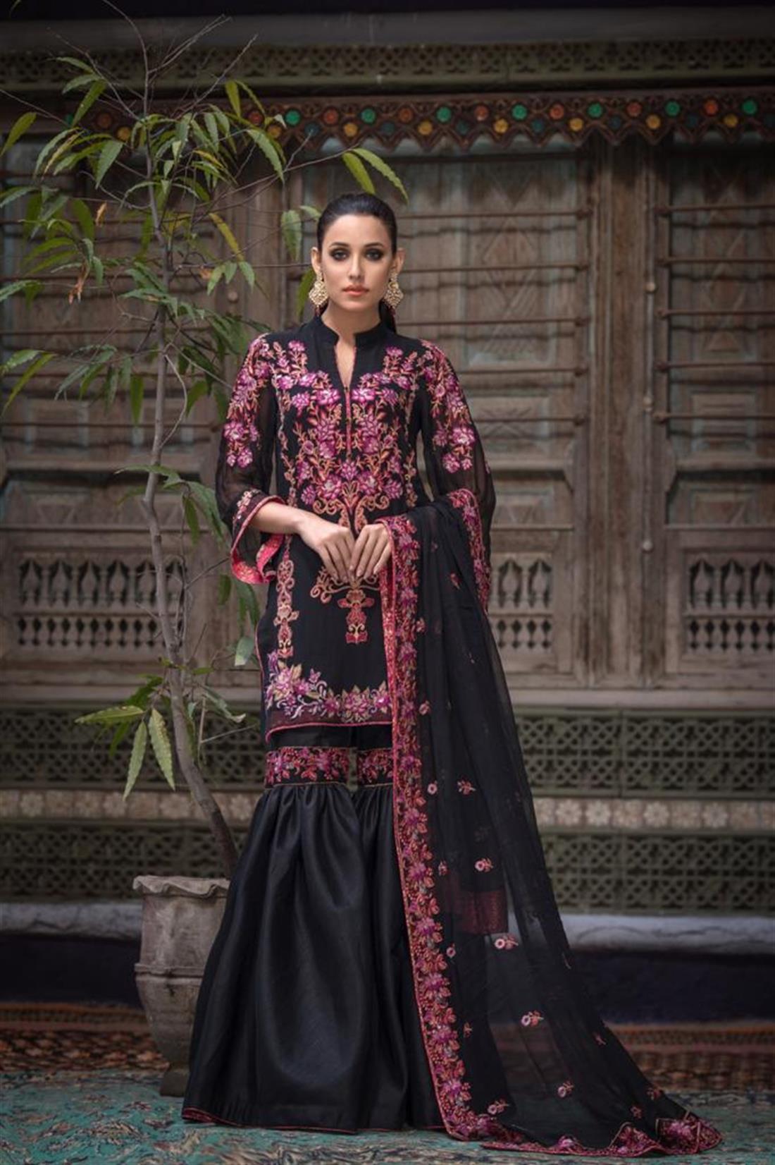 Black Embroidered Chiffon Gharara Ladies Readymade