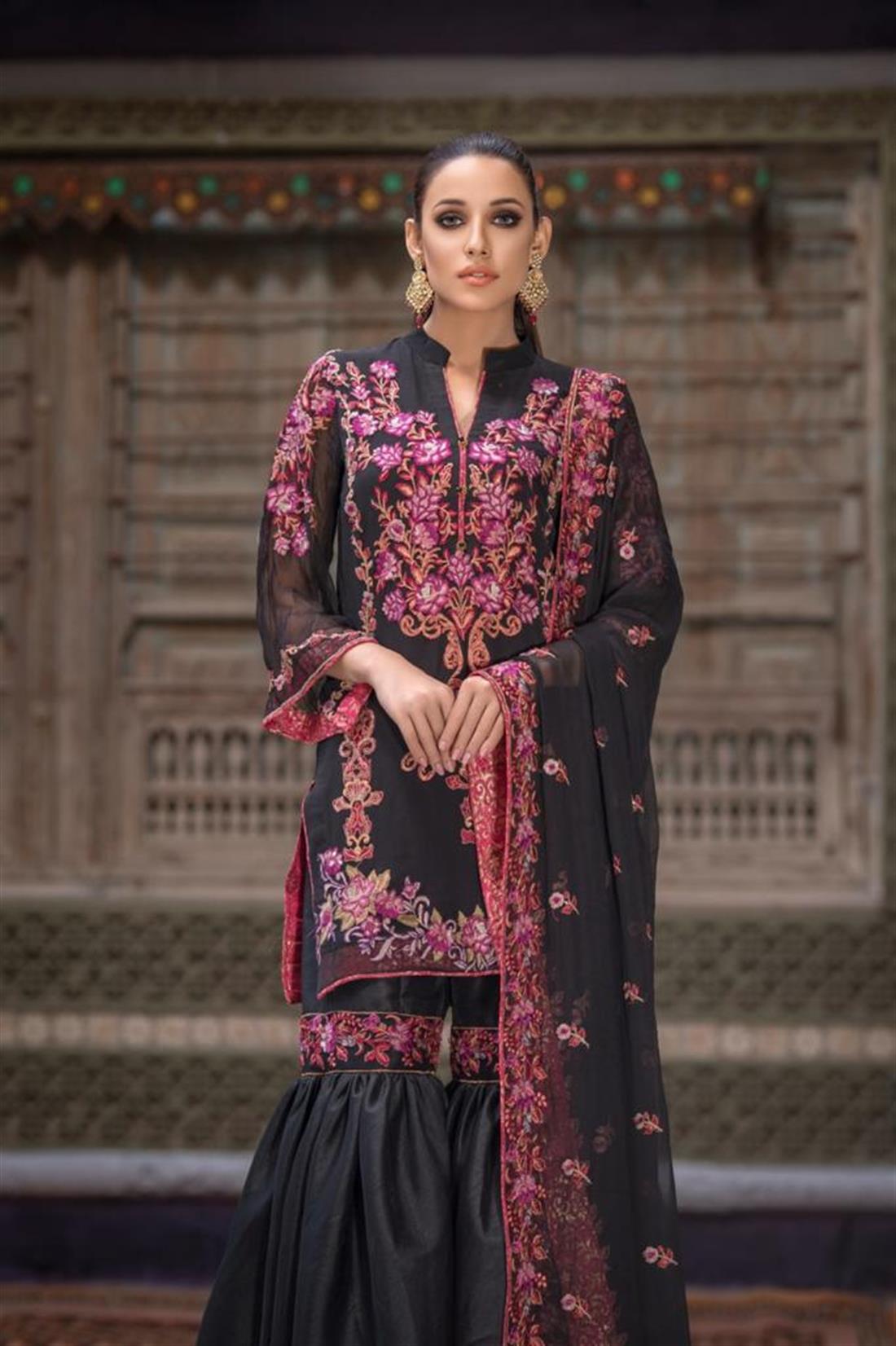 Black Embroidered Chiffon Gharara Ladies Readymade