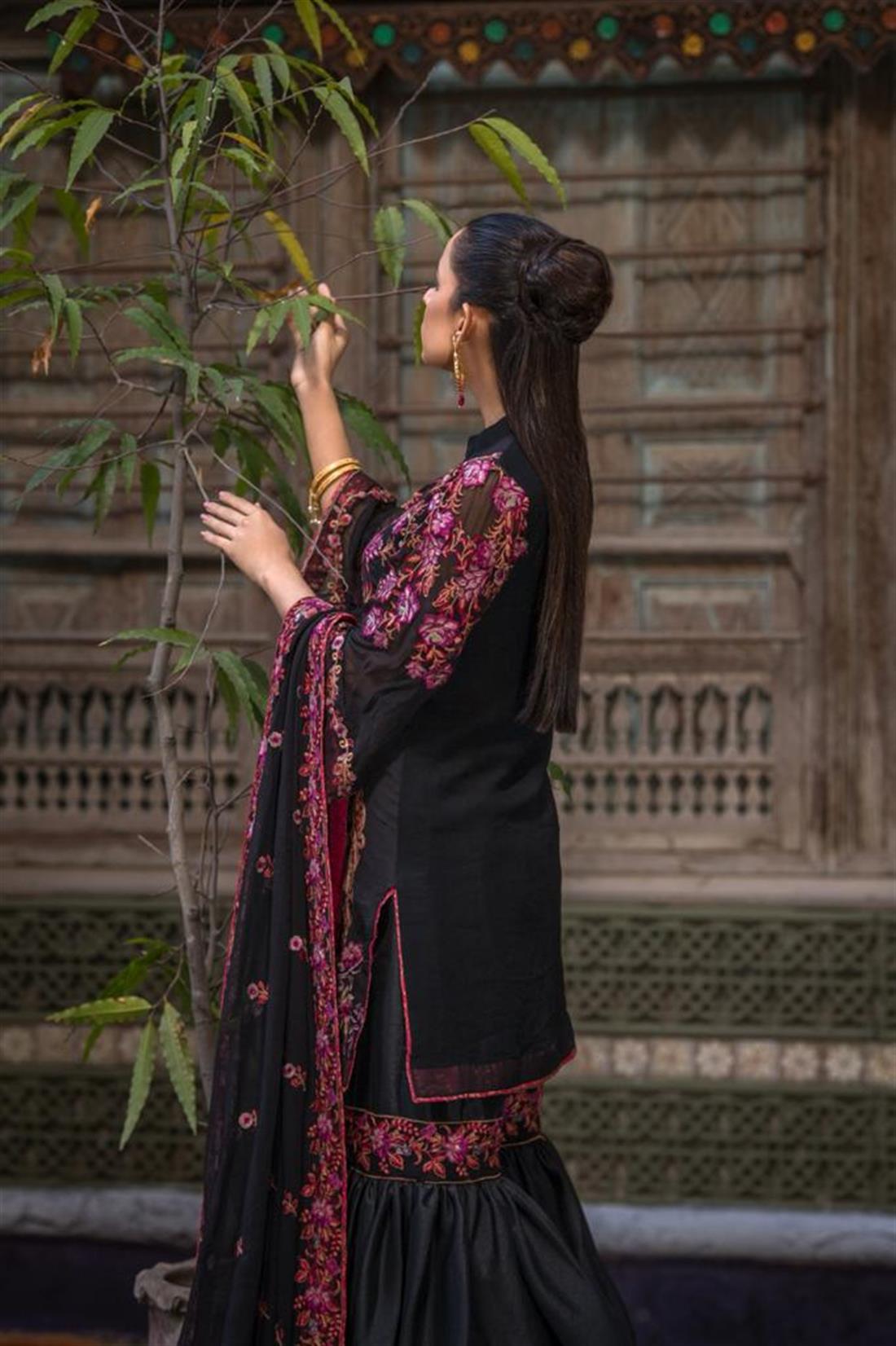 Black Embroidered Chiffon Gharara Ladies Readymade