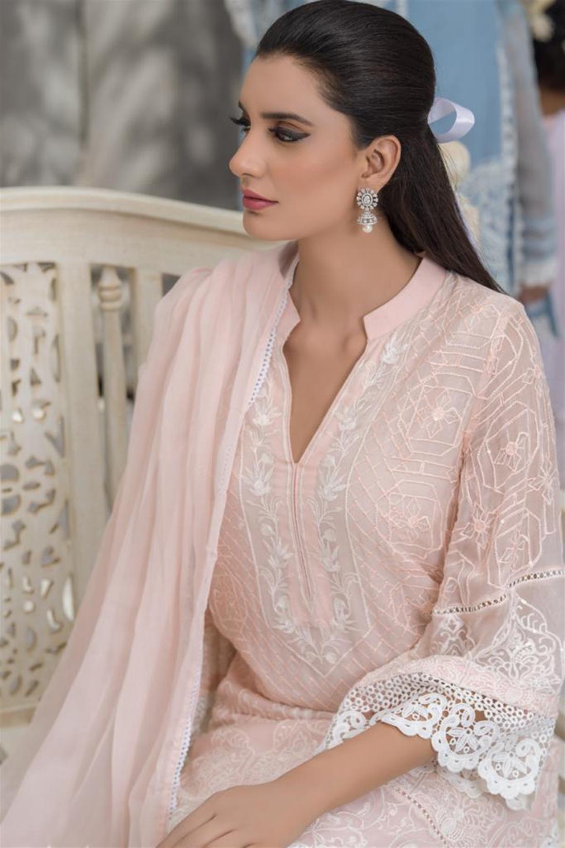 Pink Embroidered Chiffon Ladies Readymade