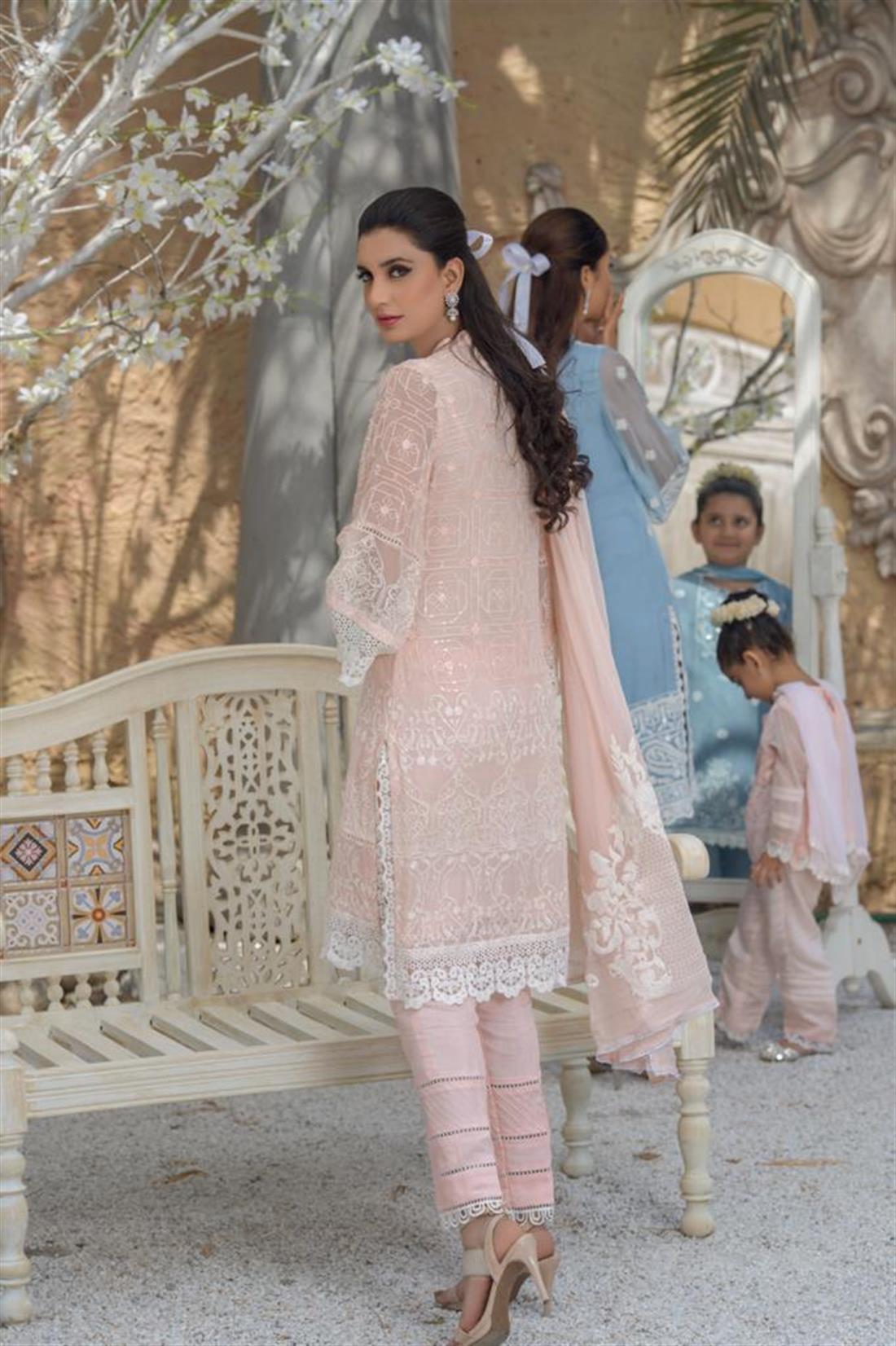 Pink Embroidered Chiffon Ladies Readymade