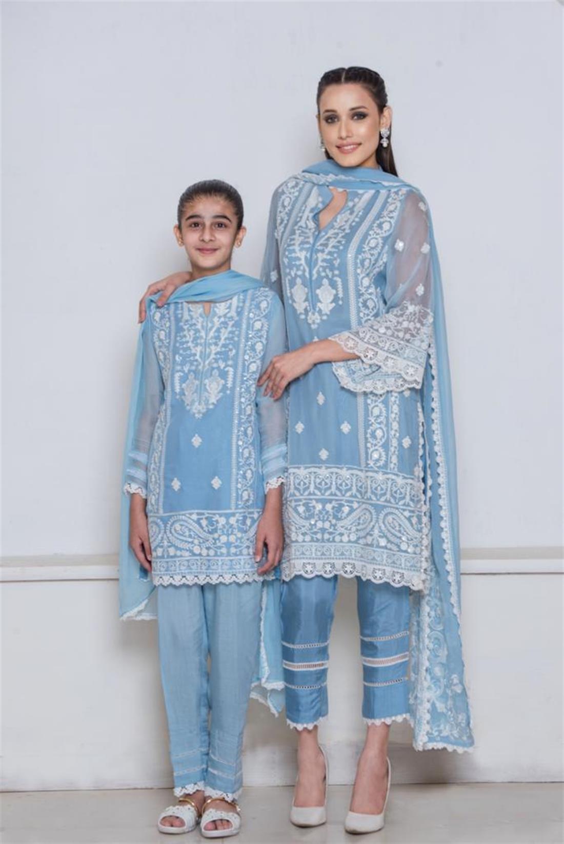Blue Embroidered Chiffon Ladies Readymade