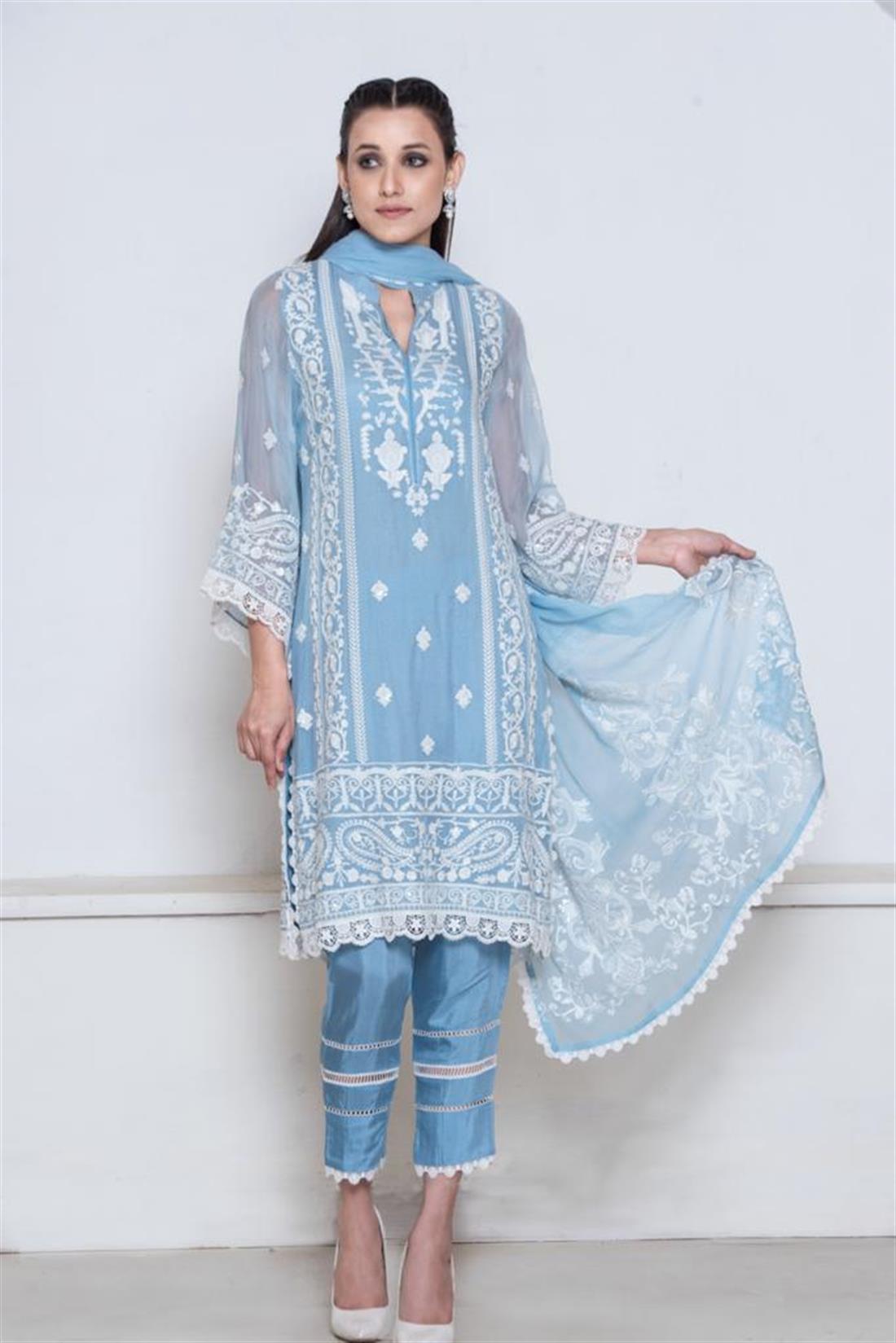 Blue Embroidered Chiffon Ladies Readymade