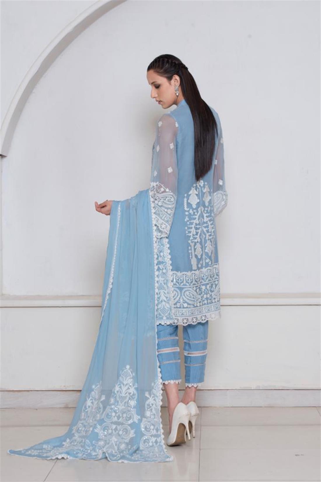 Blue Embroidered Chiffon Ladies Readymade
