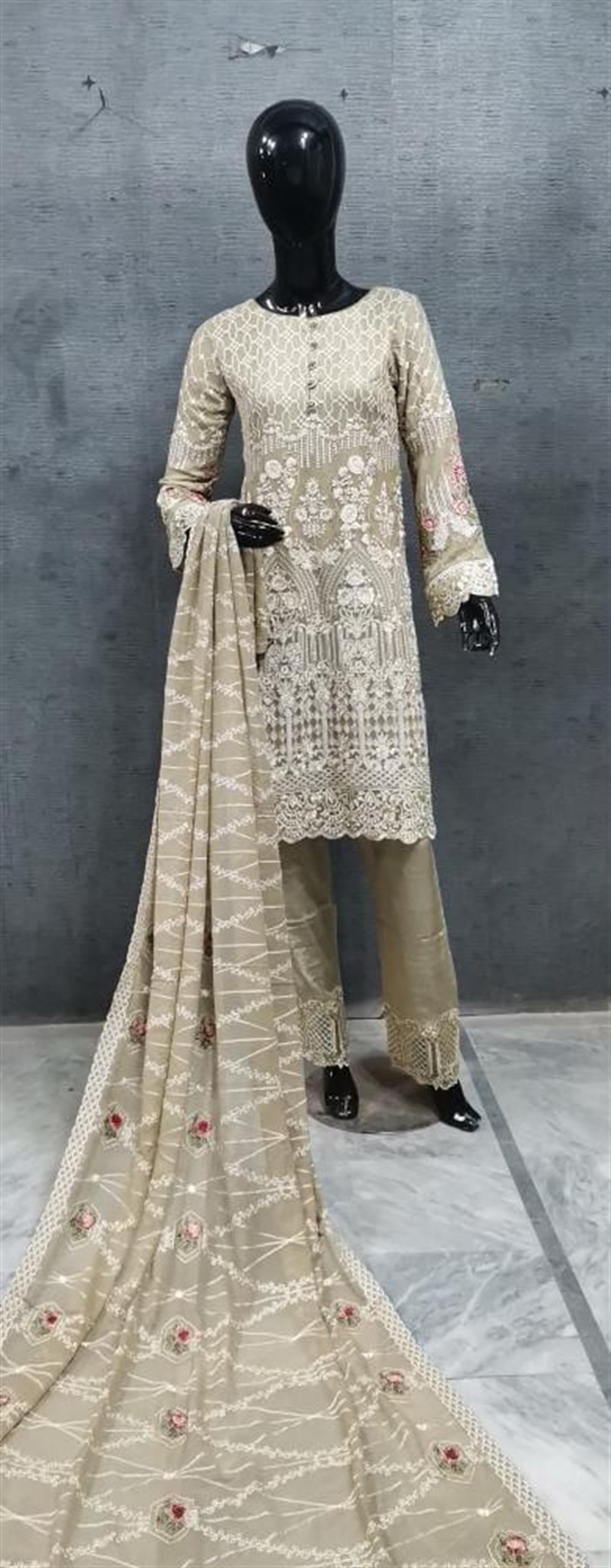Light Brown & Beige Chiffon Brown/Beige Embroidered Readymade Salwar Suit