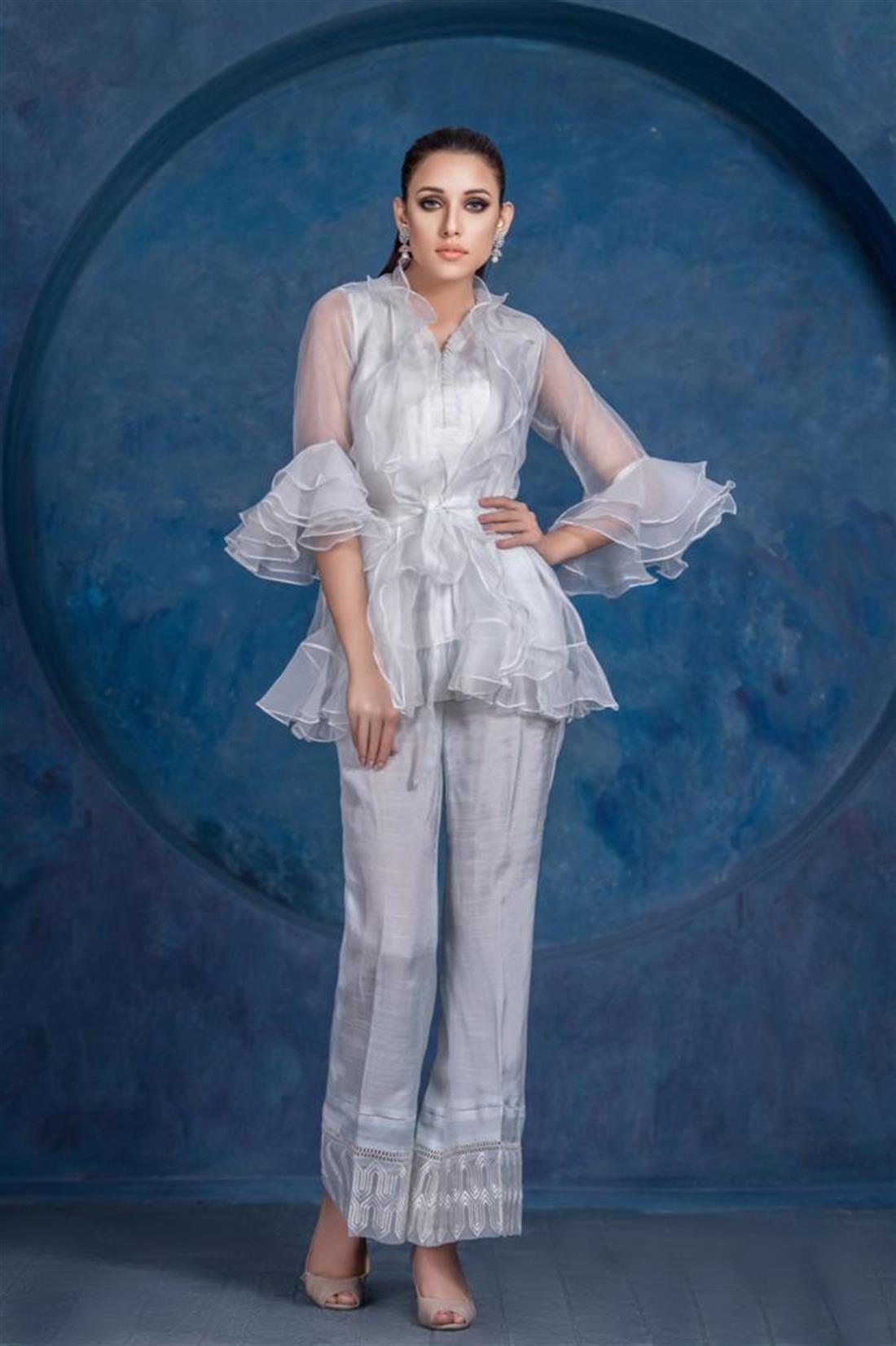 Powder Blue Embroidered Raw Silk 3 Piece Organza Shirt with Trouser