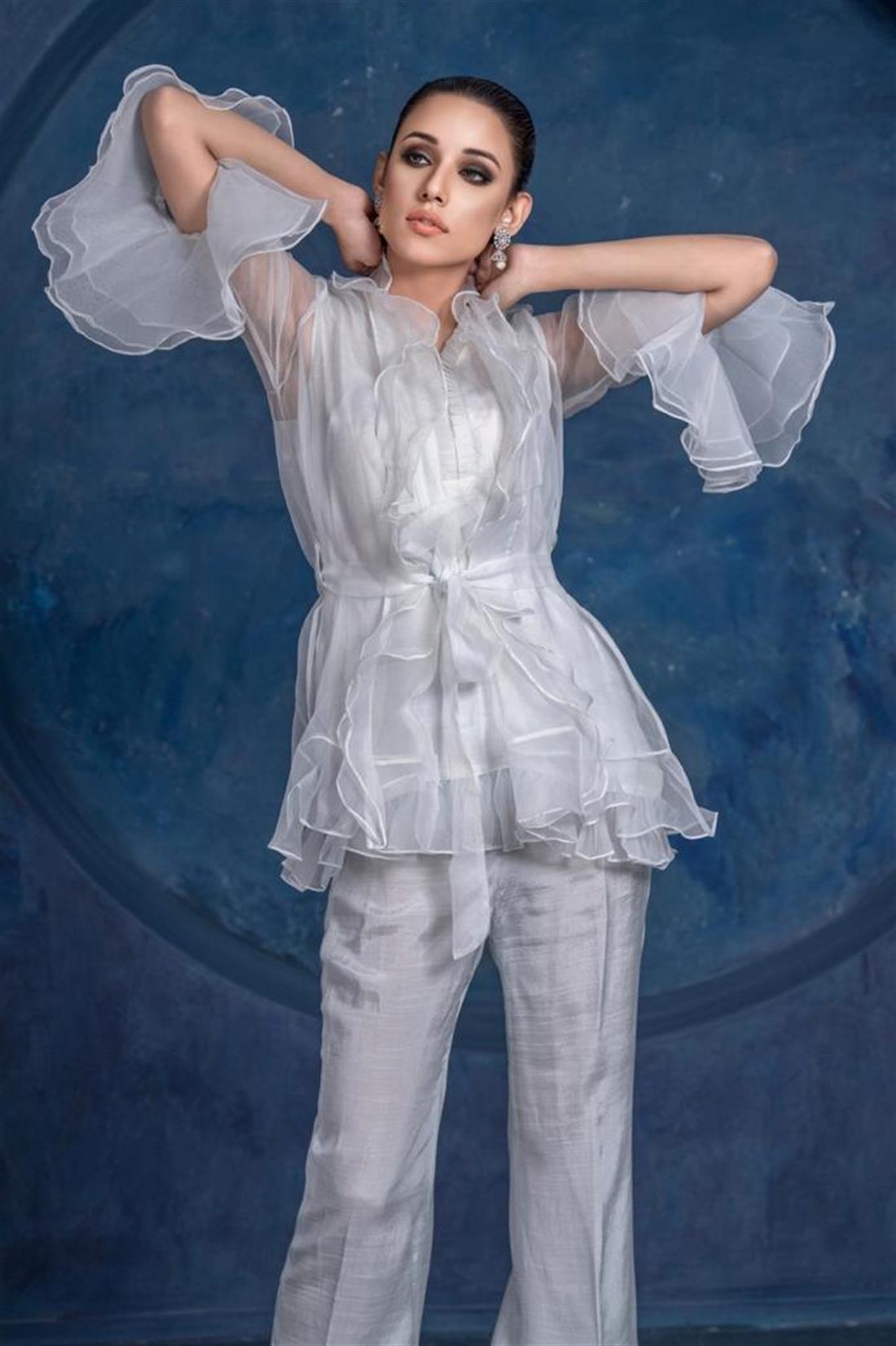 Powder Blue Embroidered Raw Silk 3 Piece Organza Shirt with Trouser