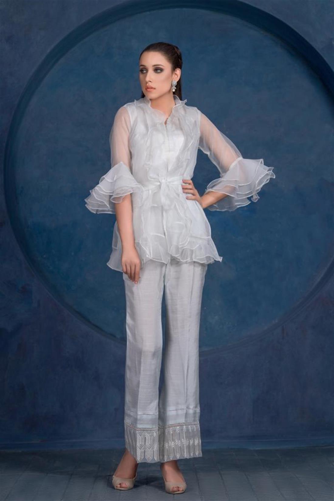 Powder Blue Embroidered Raw Silk 3 Piece Organza Shirt with Trouser