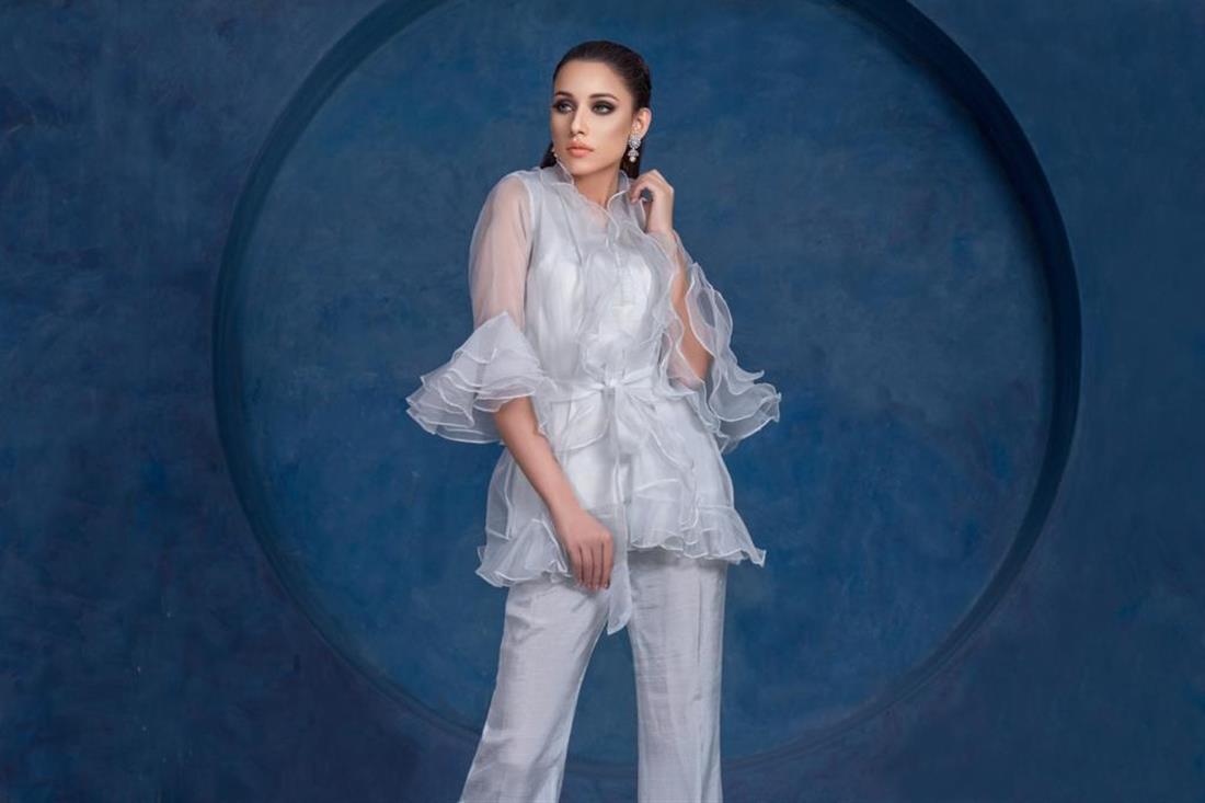 Powder Blue Embroidered Raw Silk 3 Piece Organza Shirt with Trouser