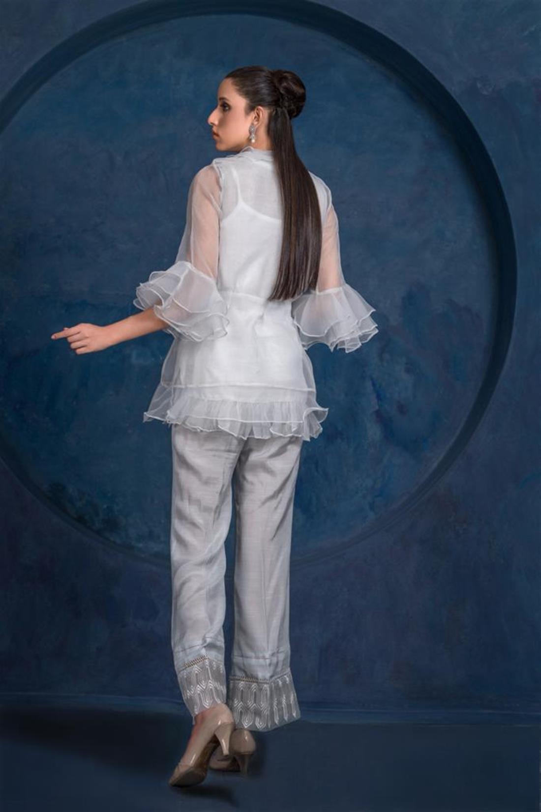 Powder Blue Embroidered Raw Silk 3 Piece Organza Shirt with Trouser