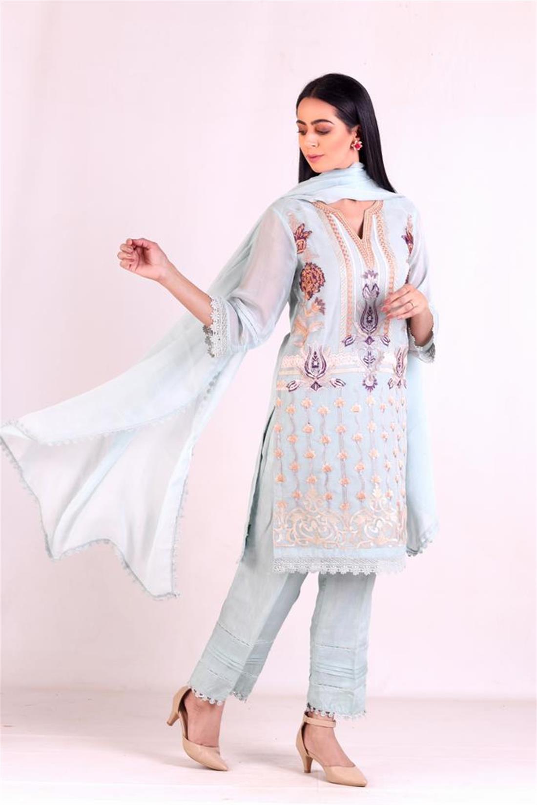 Pista Embroidered Salwar Kameez and Chiffon Dupatta