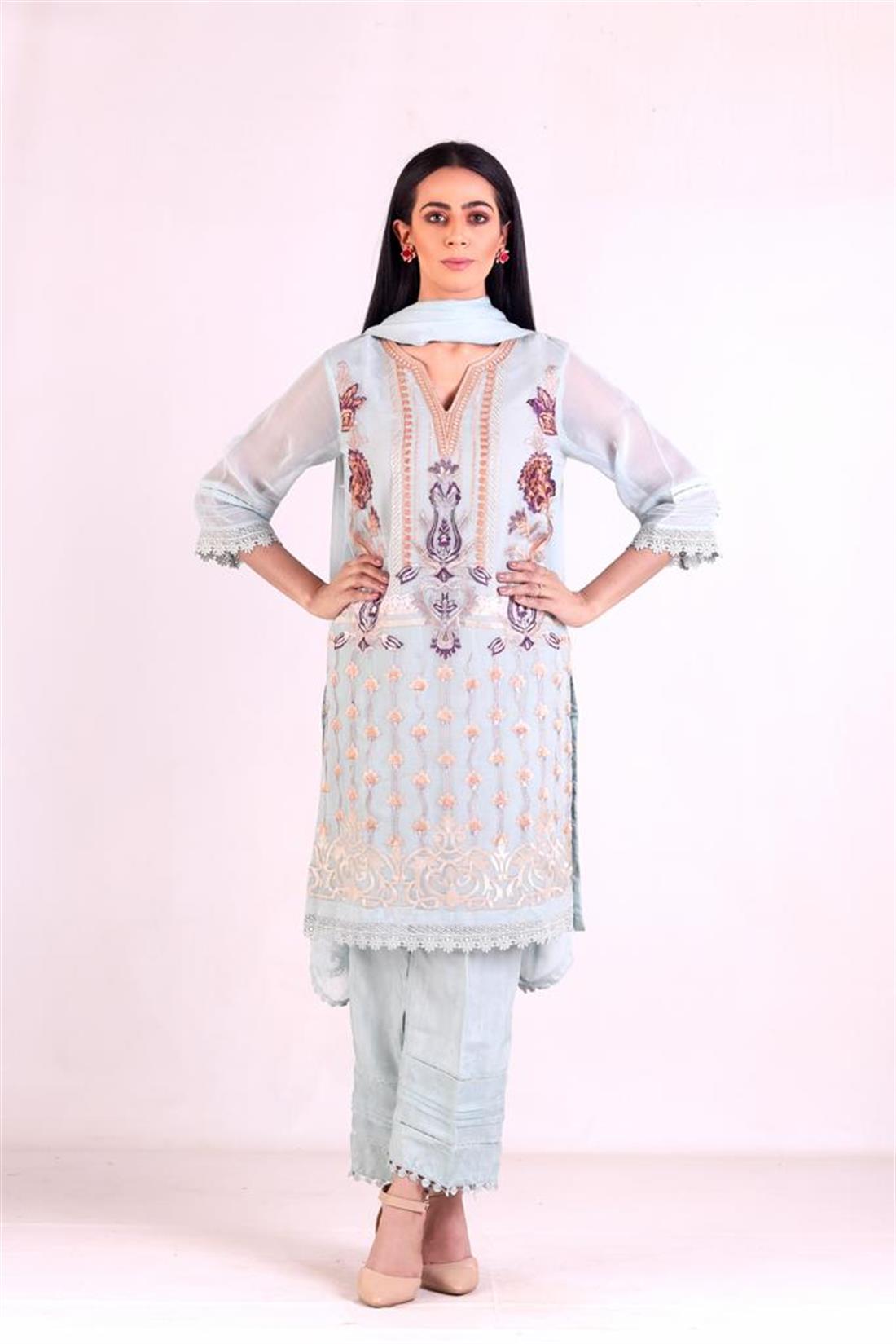 Pista Embroidered Salwar Kameez and Chiffon Dupatta