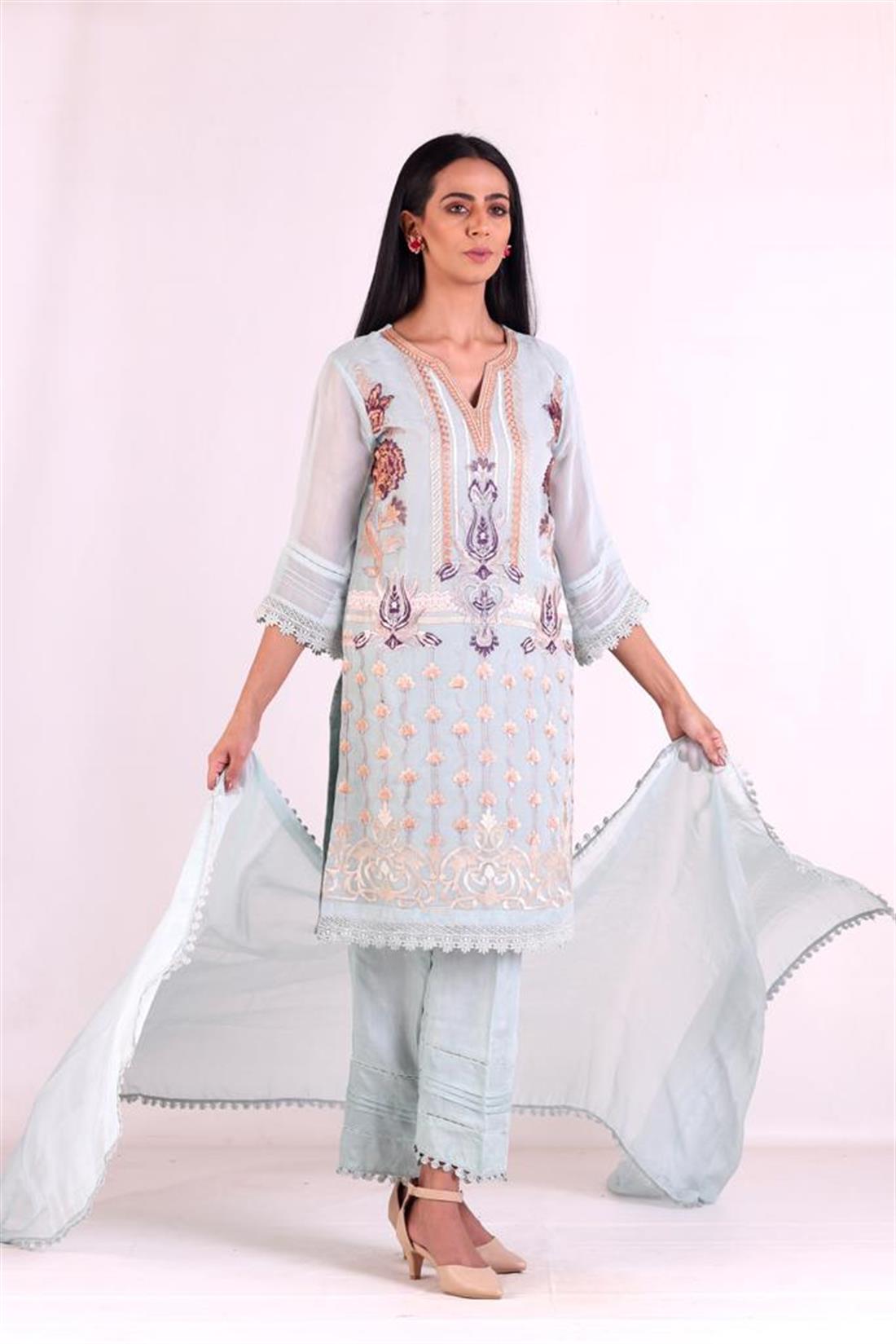 Pista Embroidered Salwar Kameez and Chiffon Dupatta