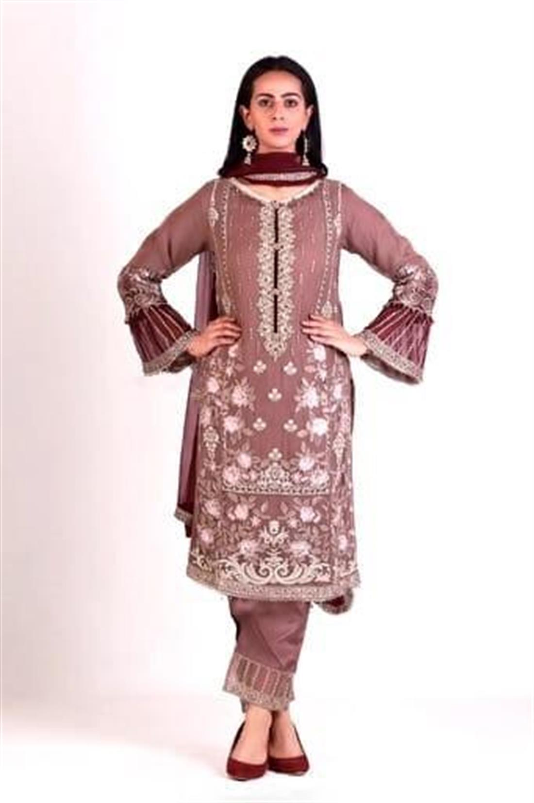 Brown Embroidered Salwar Kameez and Chiffon Dupatta