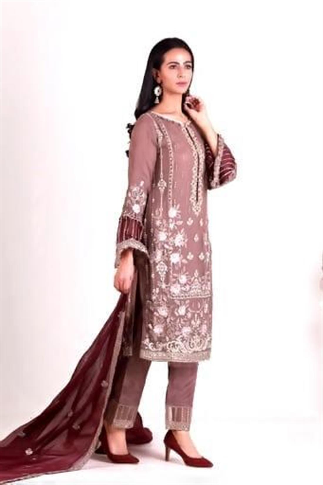Brown Embroidered Salwar Kameez and Chiffon Dupatta