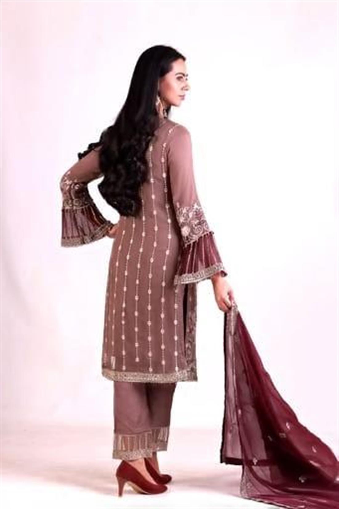 Brown Embroidered Salwar Kameez and Chiffon Dupatta