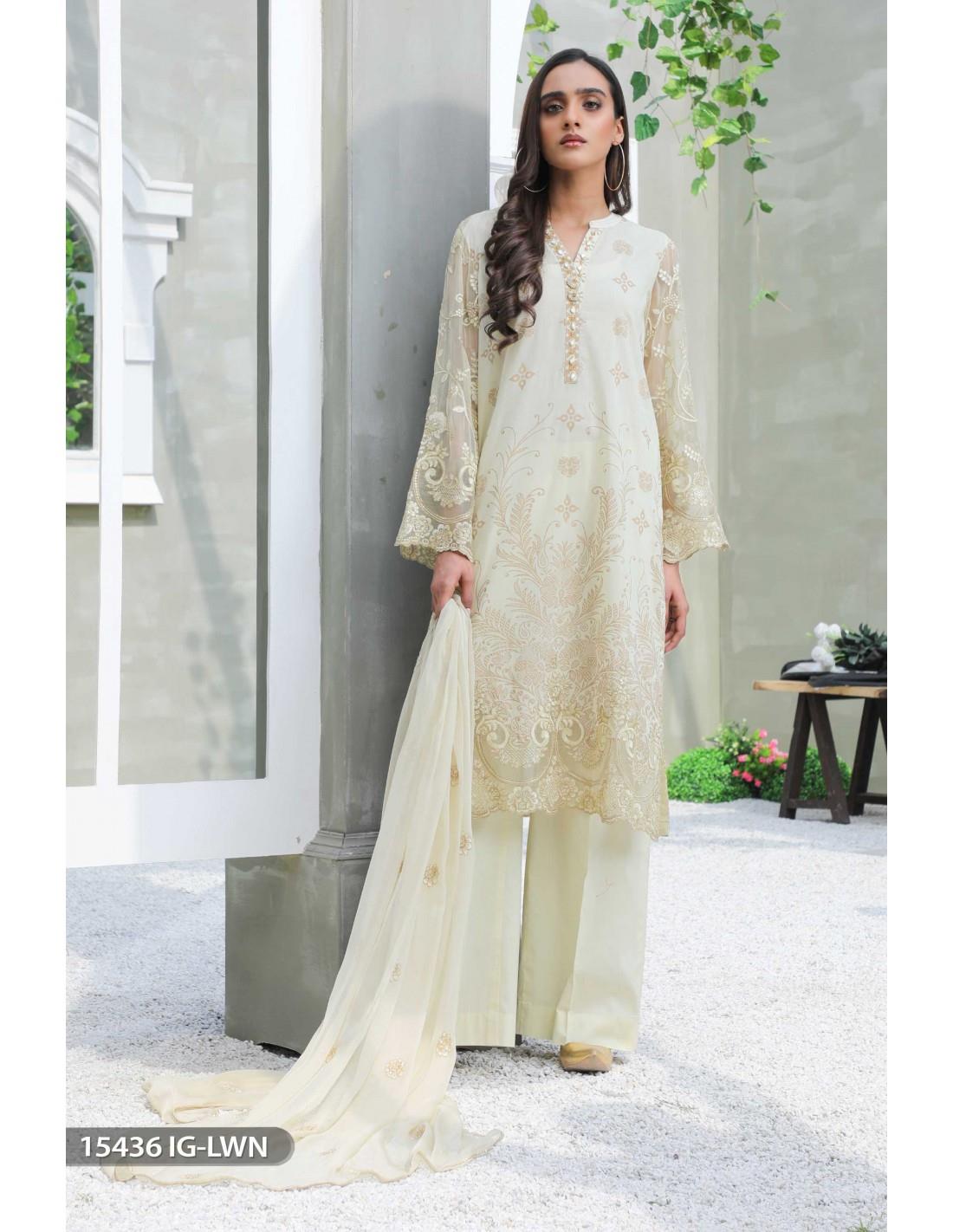 Cream Chiffon 3 Piece Embroidered Shirt with Cotton Trouser