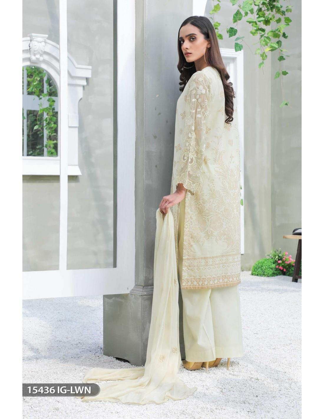 Cream Chiffon 3 Piece Embroidered Shirt with Cotton Trouser