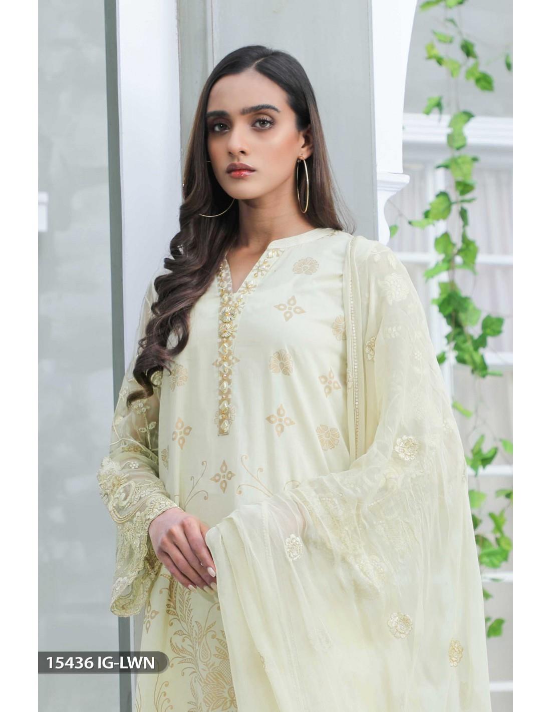 Cream Chiffon 3 Piece Embroidered Shirt with Cotton Trouser