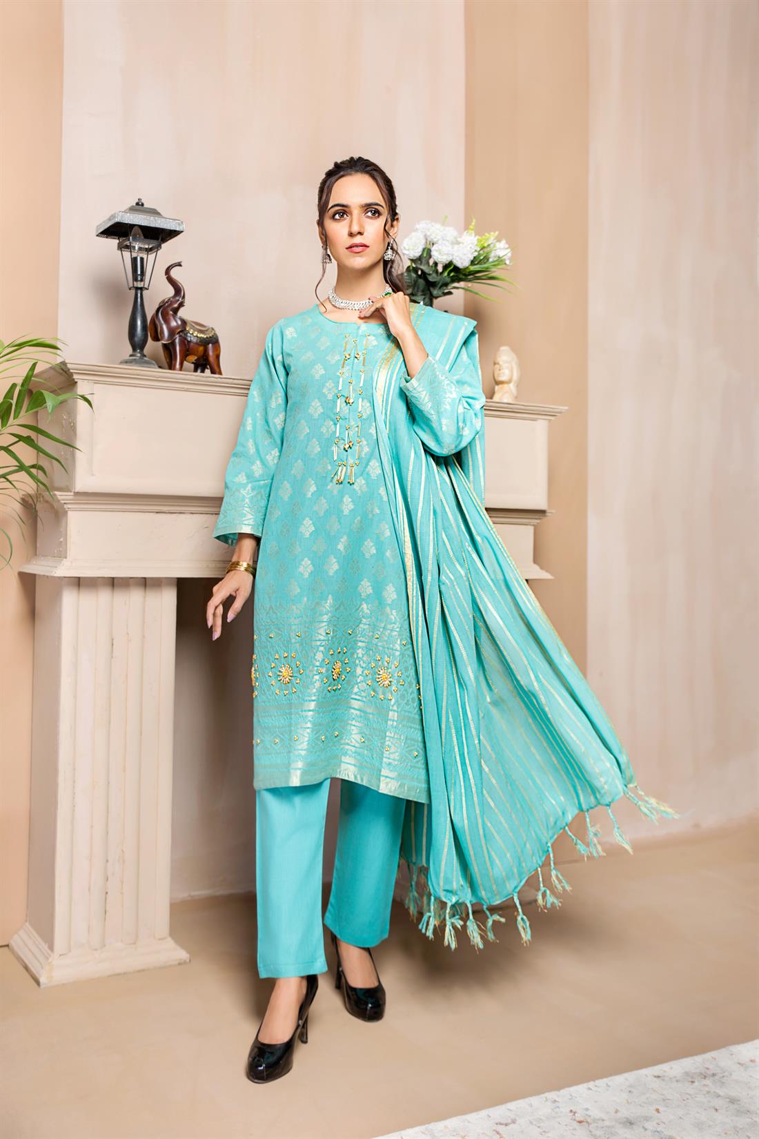 Turquoise Aqua Printed Cotton Beautiful 3 Piece Readymade Salwar Suit