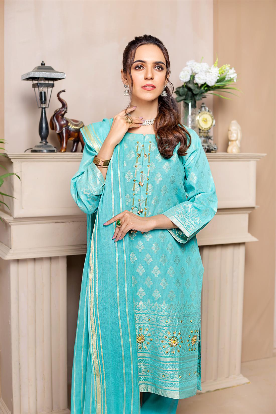 Turquoise Aqua Printed Cotton Beautiful 3 Piece Readymade Salwar Suit