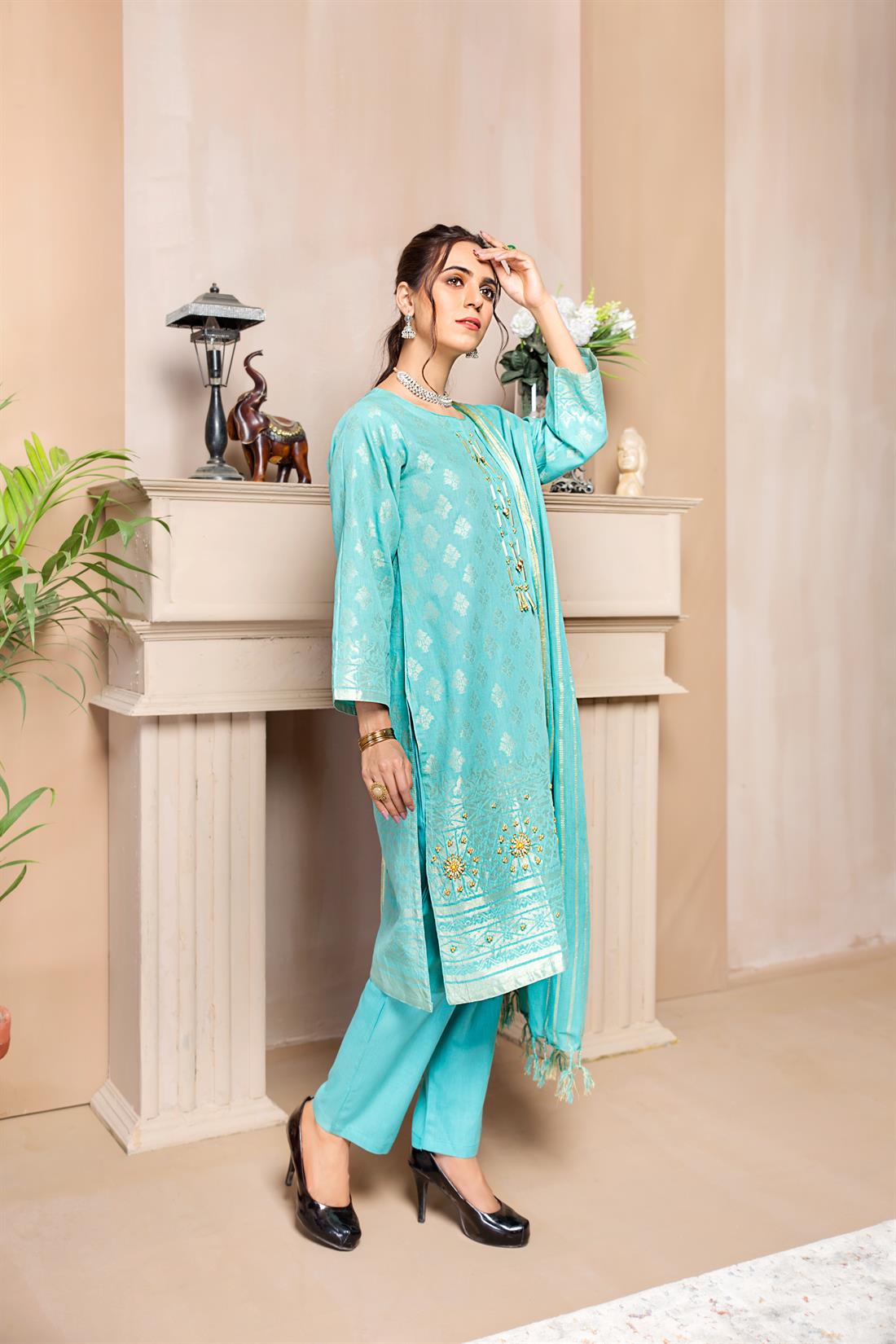 Turquoise Aqua Printed Cotton Beautiful 3 Piece Readymade Salwar Suit