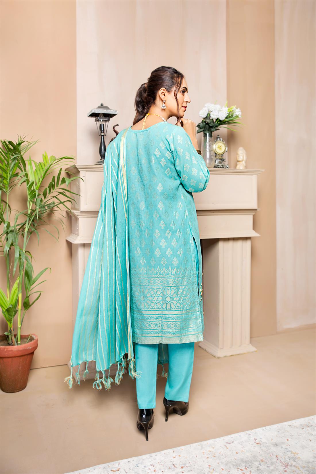 Turquoise Aqua Printed Cotton Beautiful 3 Piece Readymade Salwar Suit