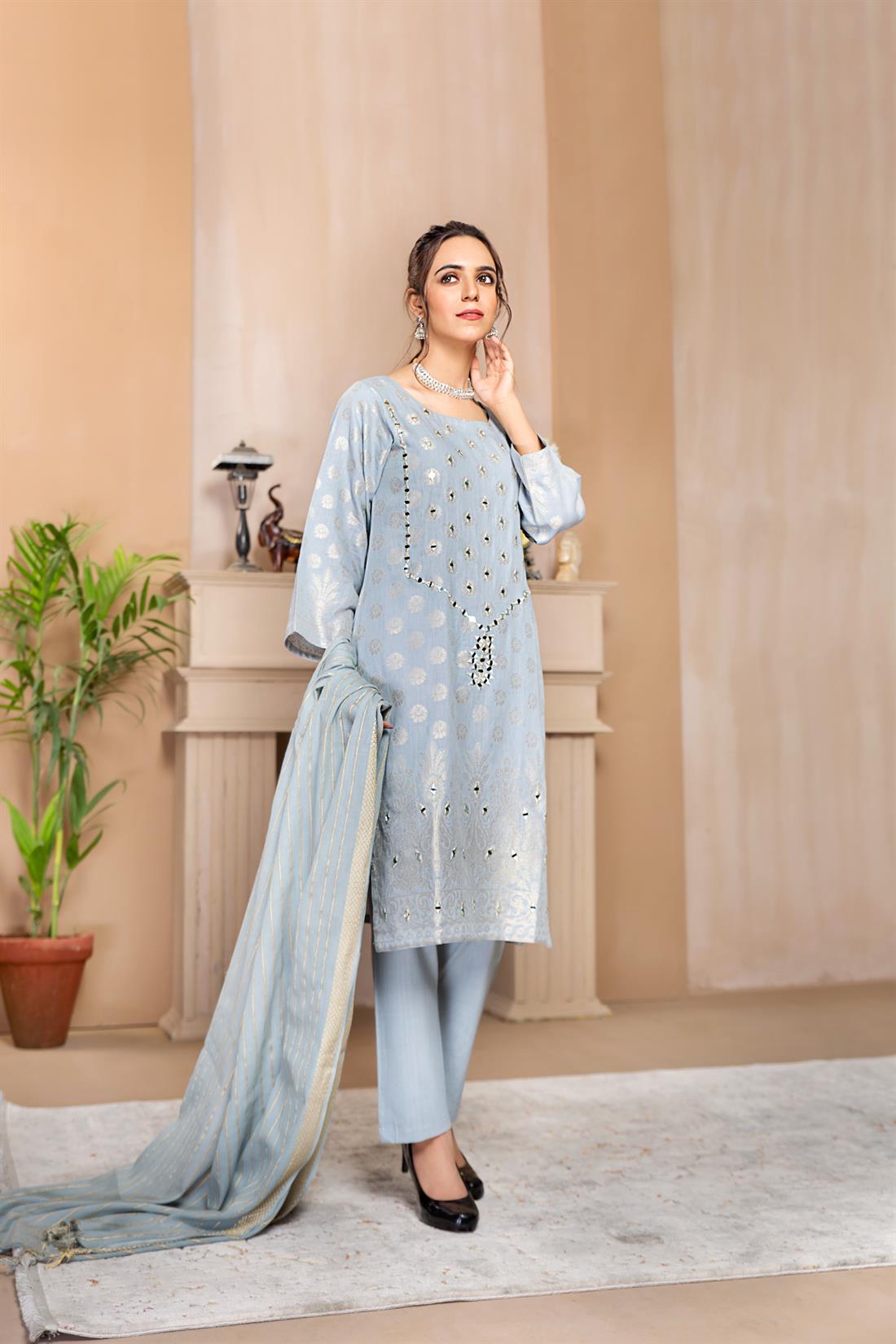 Light Grey Mirror Work Beautiful 3 Piece Cotton Printed Salwar Suit