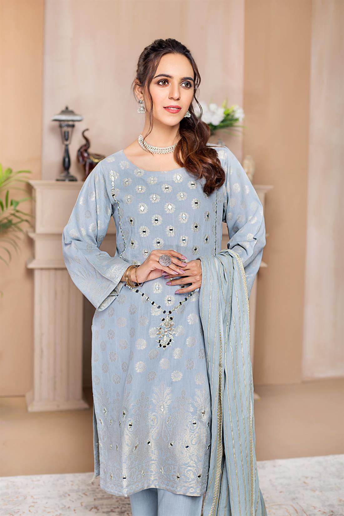 Light Grey Mirror Work Beautiful 3 Piece Cotton Printed Salwar Suit