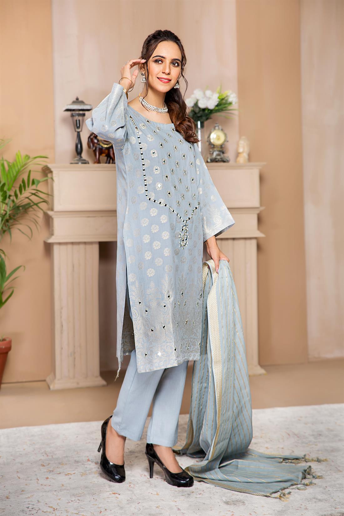 Light Grey Mirror Work Beautiful 3 Piece Cotton Printed Salwar Suit