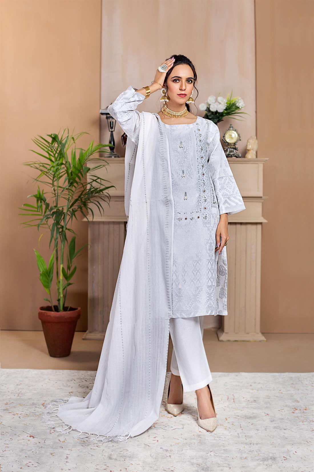 White Printed Cotton Ladies Readymade