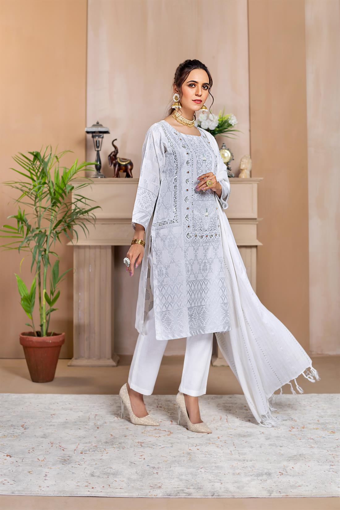 White Printed Cotton Ladies Readymade