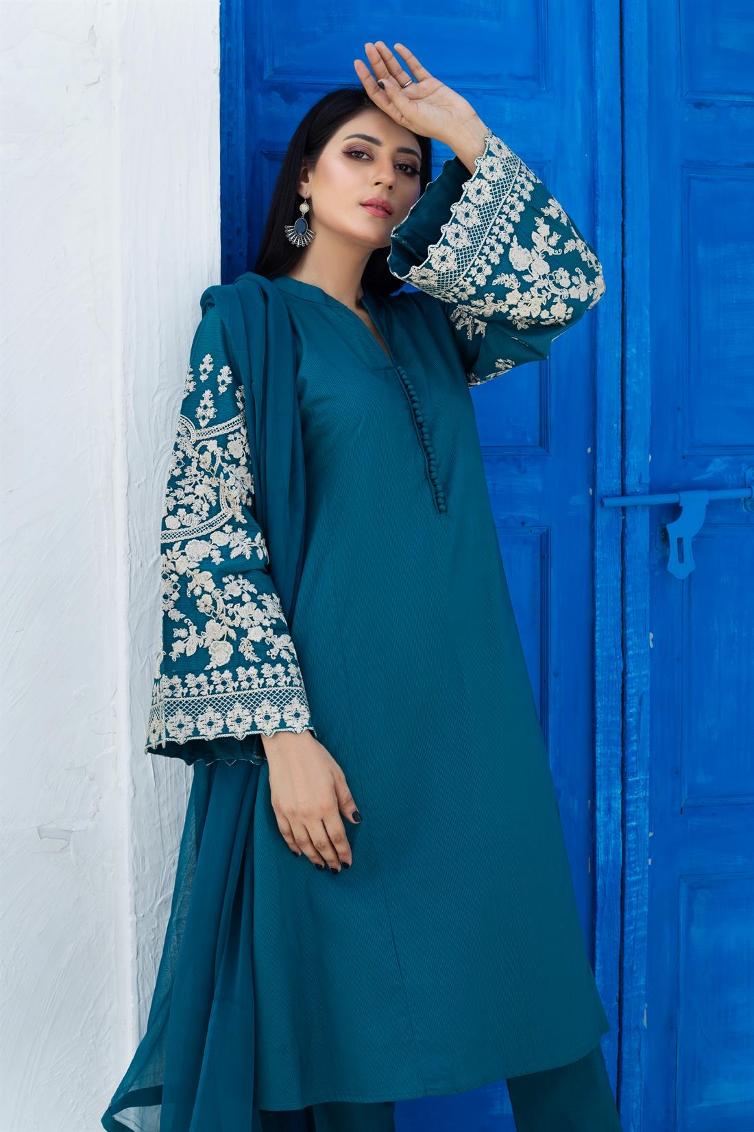 Teal Embroidered Chiffon Luxury Cotton Frock with Trouser & Dupatta
