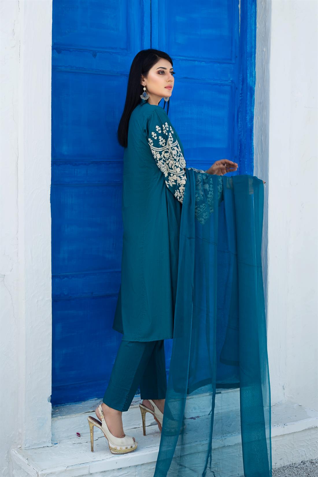 Teal Embroidered Chiffon Luxury Cotton Frock with Trouser & Dupatta