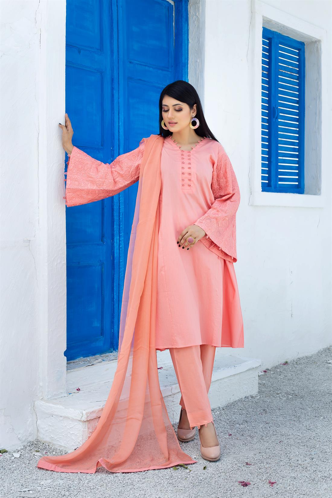 Flamingo Pink Embroidered Chiffon 3 Piece Luxury Cotton Frock with Trouser