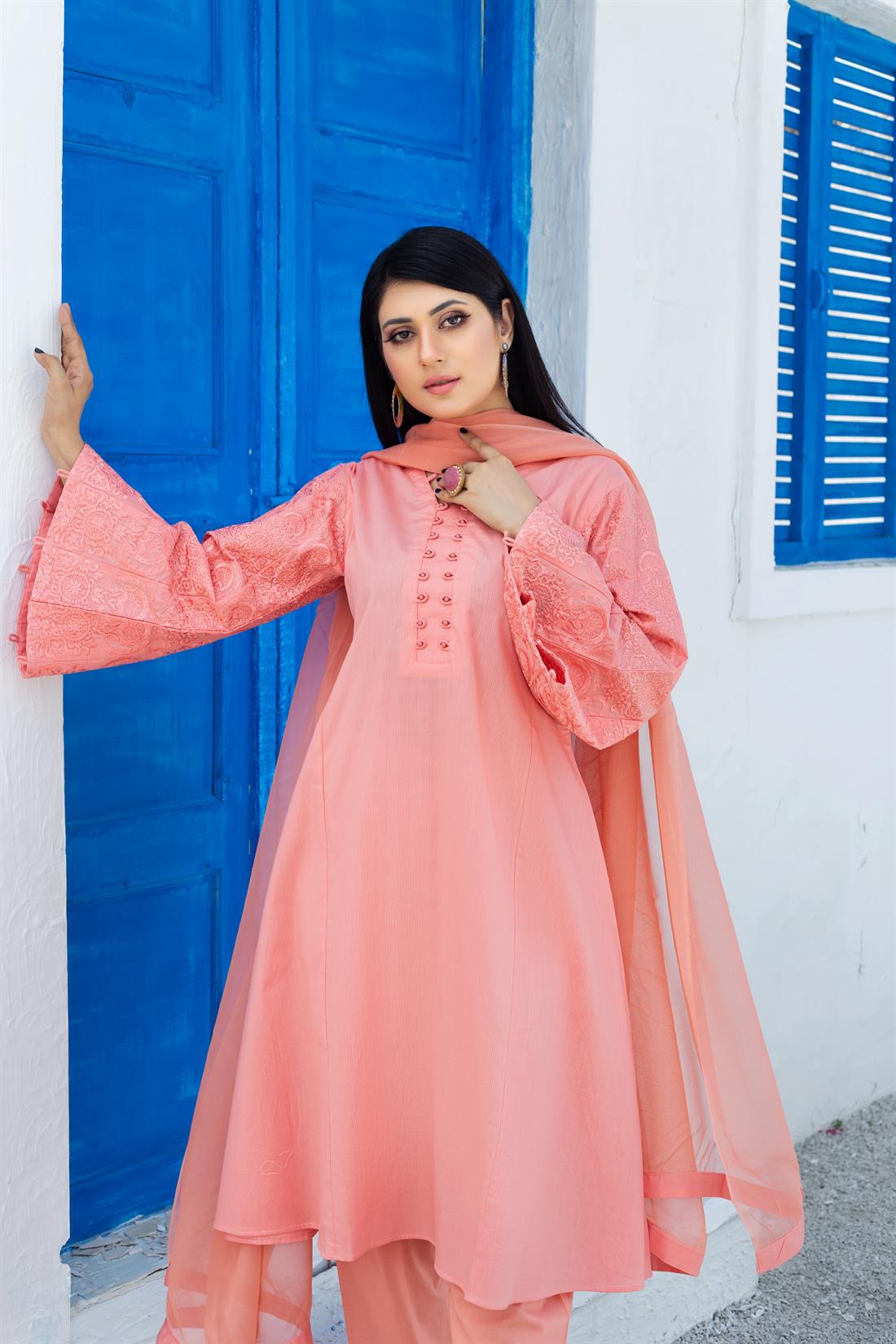 Flamingo Pink Embroidered Chiffon 3 Piece Luxury Cotton Frock with Trouser