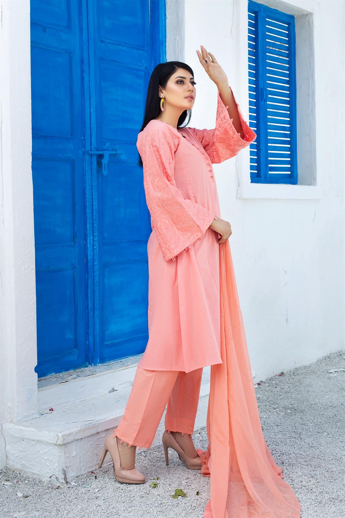 Flamingo Pink Embroidered Chiffon 3 Piece Luxury Cotton Frock with Trouser