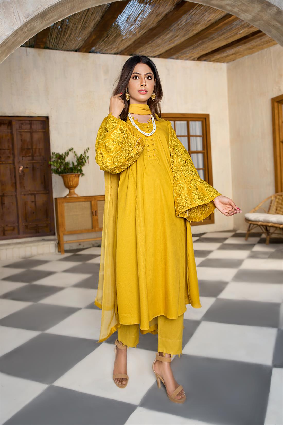 Mustard Embroidered Chiffon Flamingo Pink 3 Piece Luxury Cotton Frock with Trouser
