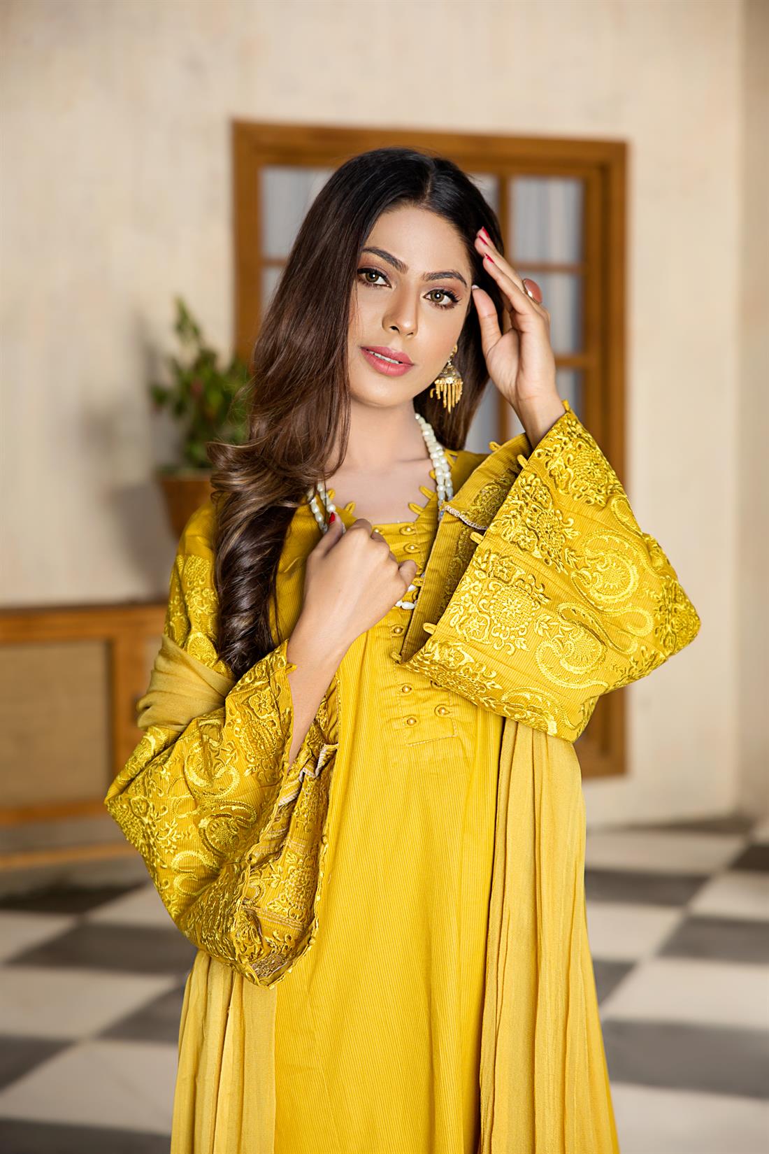 Mustard Embroidered Chiffon Flamingo Pink 3 Piece Luxury Cotton Frock with Trouser