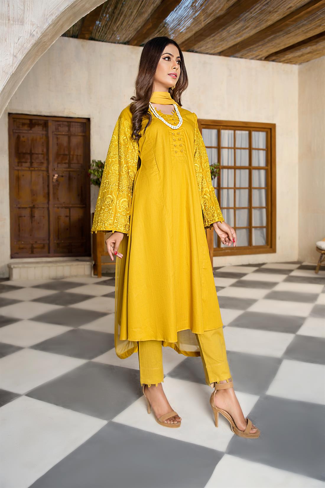 Mustard Embroidered Chiffon Flamingo Pink 3 Piece Luxury Cotton Frock with Trouser