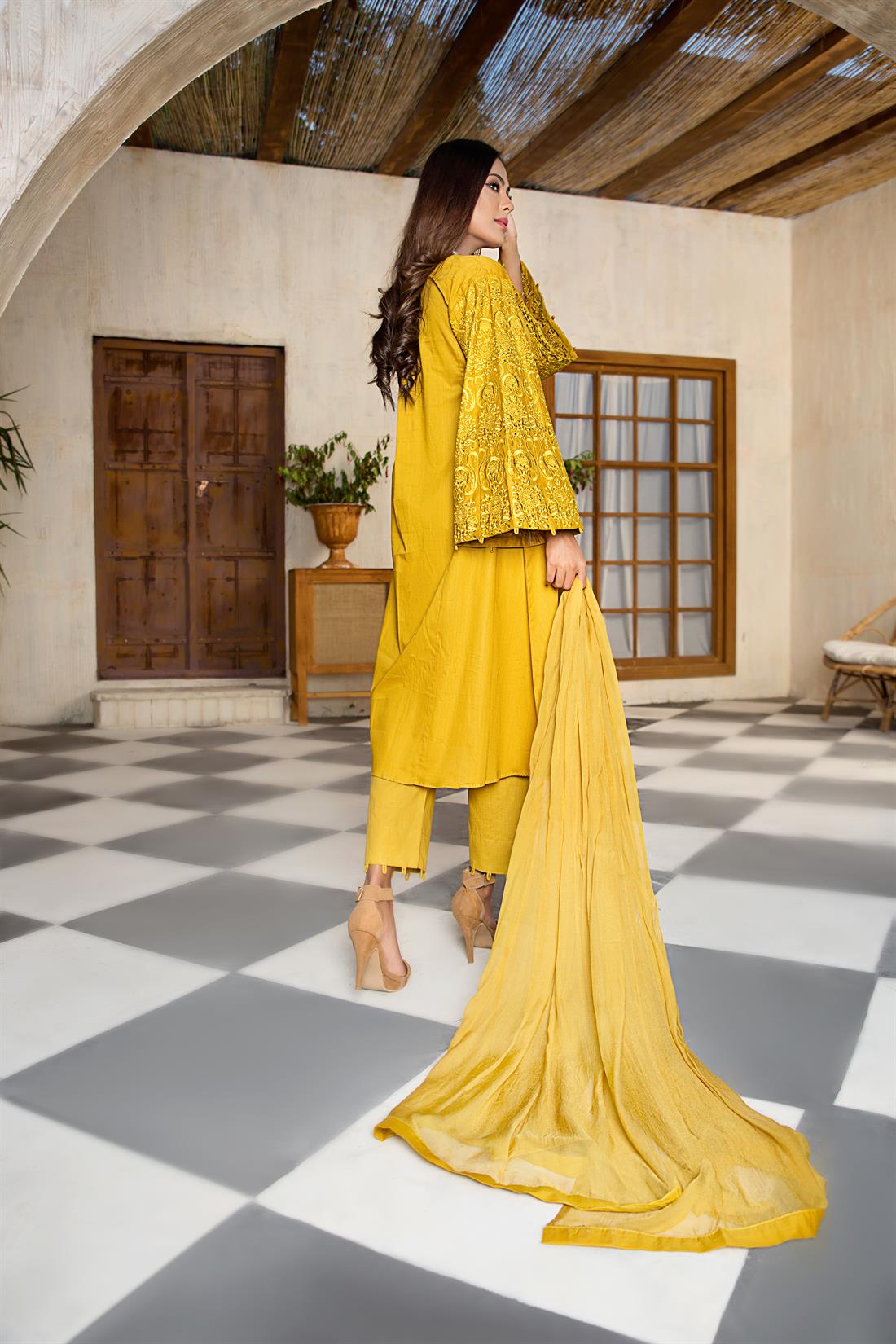 Mustard Embroidered Chiffon Flamingo Pink 3 Piece Luxury Cotton Frock with Trouser
