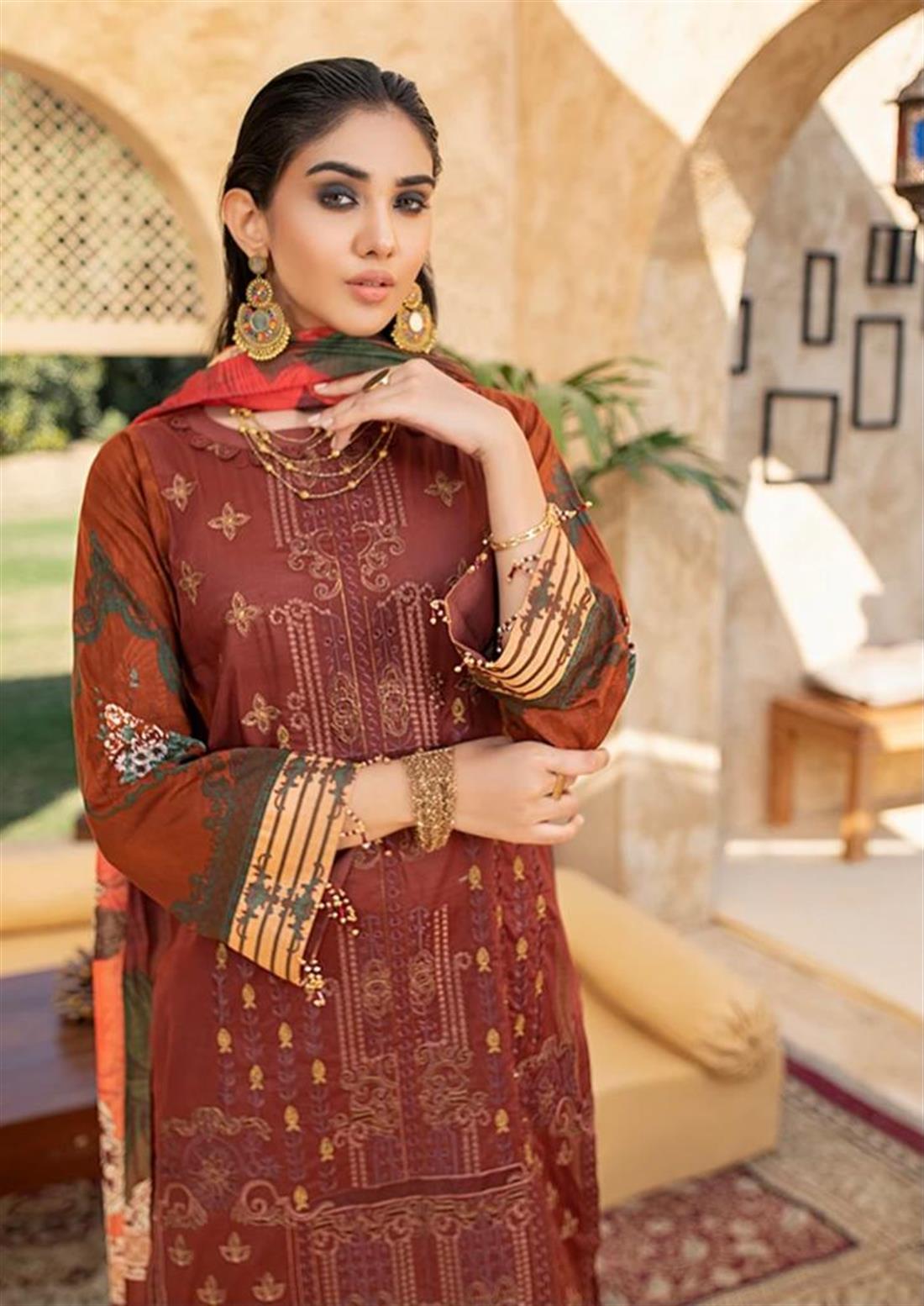Brown Lawn Embroidered Shirt with Dupatta & Dyed Trouser